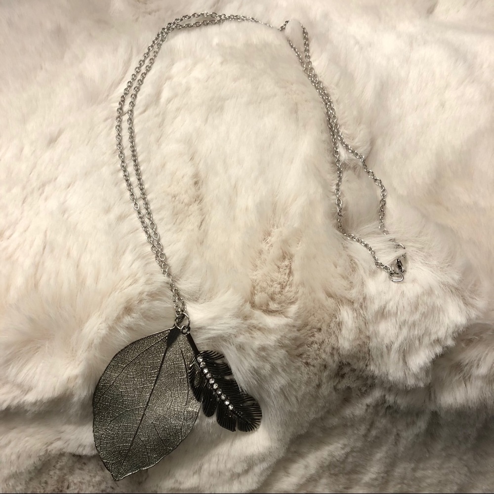 Silver Leaf & Gemstone Feather Necklace